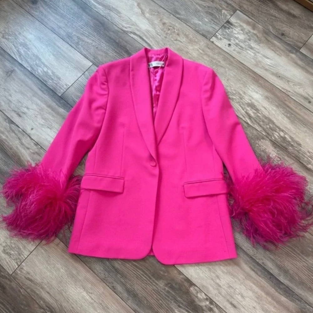 Zara Hot Pink Blazer with Feather Cuffs